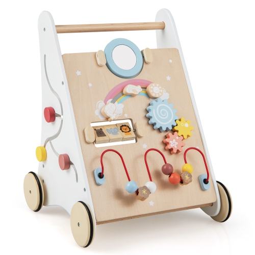 Gymax Wooden Baby Walker Baby Activity Center with Mirror Shape Sorter for 1+ Year Old
