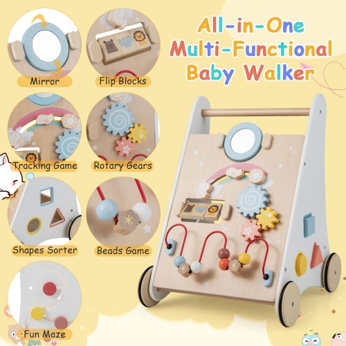 Gymax Wooden Baby Walker Baby Activity Center with Mirror Shape Sorter for 1+ Year Old