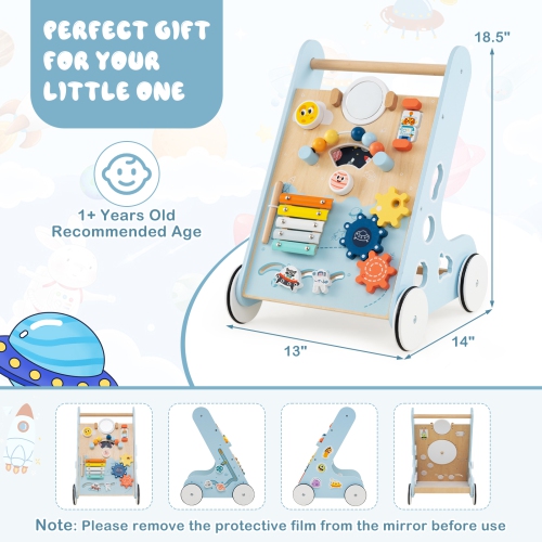 Gymax Wooden Baby Walker Push & Pull Learning Activity Center w/ Wheels Push Toy Blue