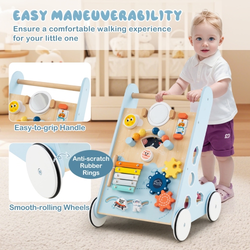 Gymax Wooden Baby Walker Push & Pull Learning Activity Center w/ Wheels Push Toy Blue