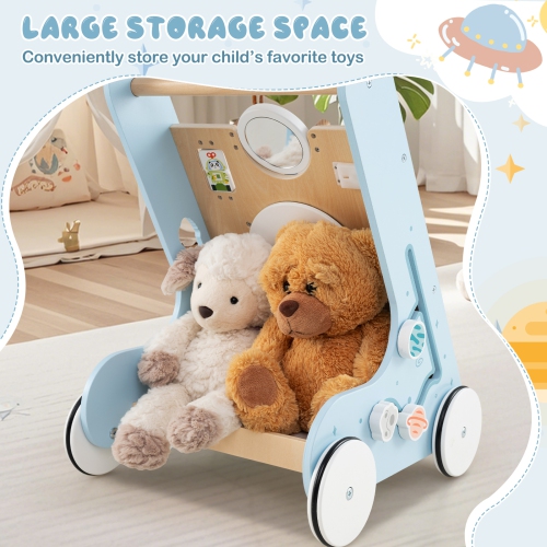 Gymax Wooden Baby Walker Push & Pull Learning Activity Center w/ Wheels Push Toy Blue
