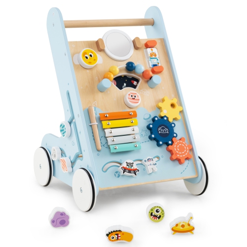 Gymax Wooden Baby Walker Push & Pull Learning Activity Center w/ Wheels Push Toy Blue