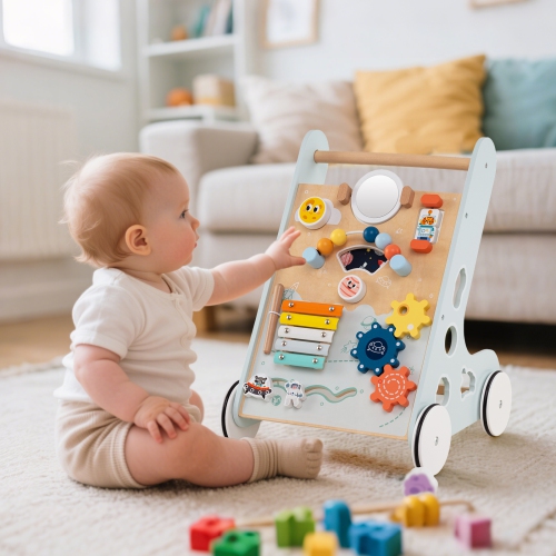 Gymax Wooden Baby Walker Push & Pull Learning Activity Center w/ Wheels Push Toy Green