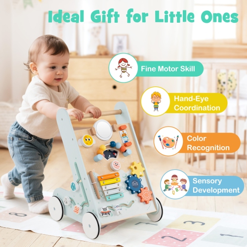 Gymax Wooden Baby Walker Push & Pull Learning Activity Center w/ Wheels Push Toy Green