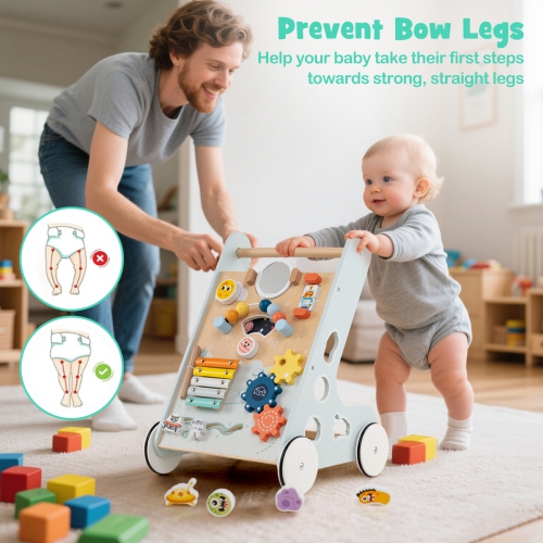 Gymax Wooden Baby Walker Push & Pull Learning Activity Center w/ Wheels Push Toy Green