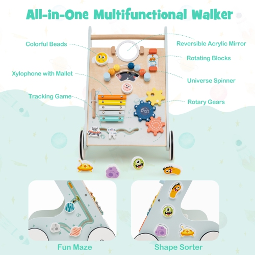 Gymax Wooden Baby Walker Push & Pull Learning Activity Center w/ Wheels Push Toy Green