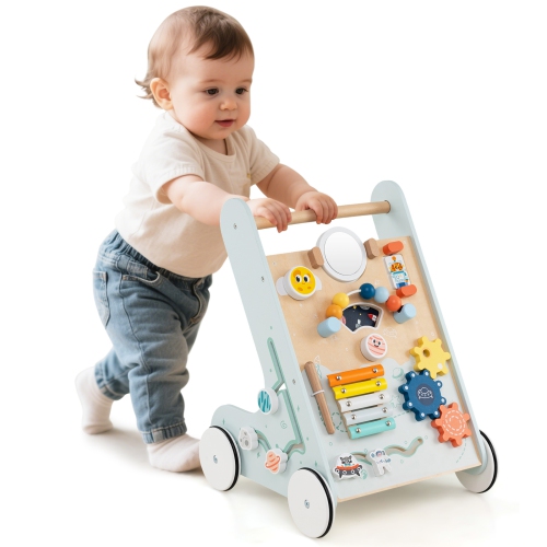 Gymax Wooden Baby Walker Push & Pull Learning Activity Center w/ Wheels Push Toy Green