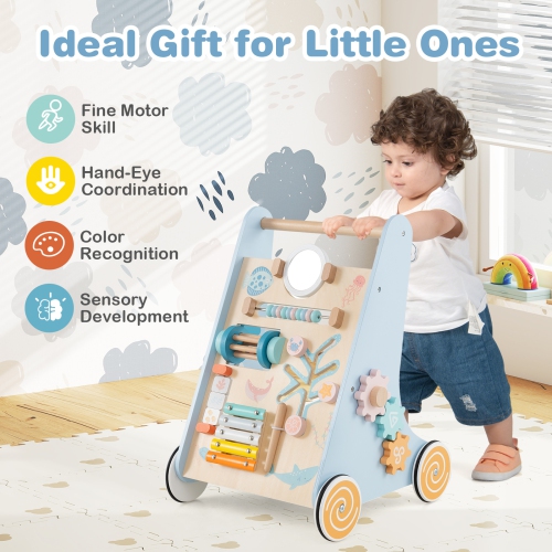 Gymax Wooden Baby Walker Sit to Stand Walker w/ Wheels Push & Pull Learning Activity Center Blue