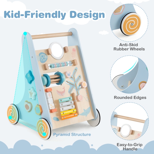 Gymax Wooden Baby Walker Sit to Stand Walker w/ Wheels Push & Pull Learning Activity Center Blue