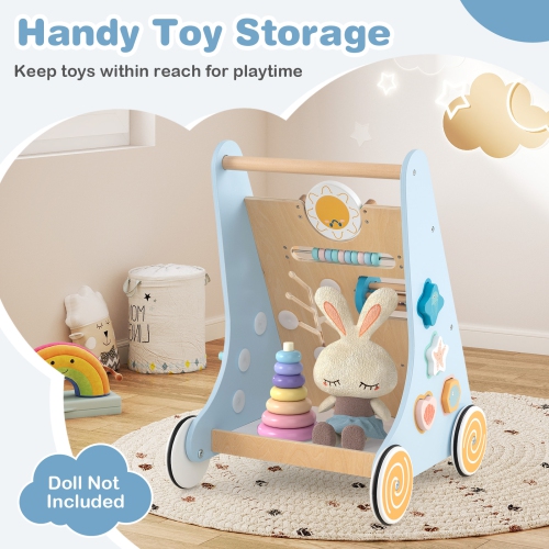 Gymax Wooden Baby Walker Sit to Stand Walker w/ Wheels Push & Pull Learning Activity Center Blue