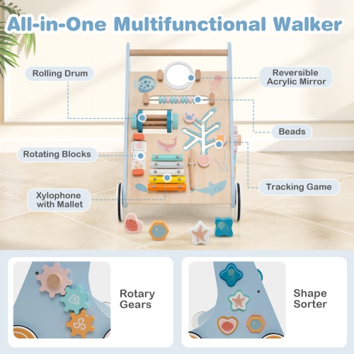 Gymax Wooden Baby Walker Sit to Stand Walker w/ Wheels Push & Pull Learning Activity Center Blue