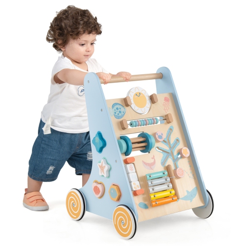 Gymax Wooden Baby Walker Sit to Stand Walker w/ Wheels Push & Pull Learning Activity Center Blue