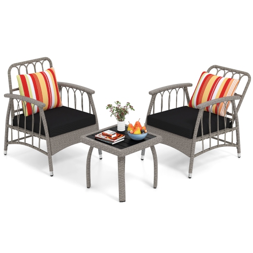 GYMAX  3 PCs Patio Pe Wicker Furniture Set W/ 5-Level Adjustable Backrest Bistro Set Outdoor