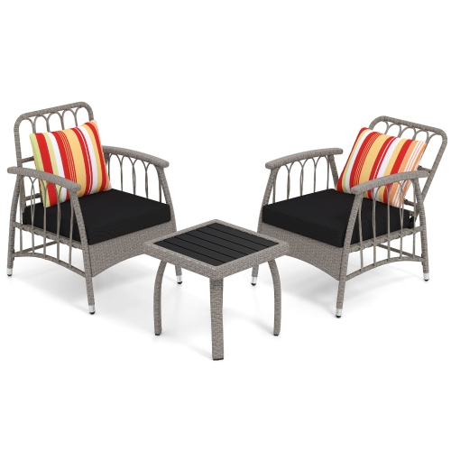 Gymax 3 PCS Patio PE Wicker Furniture Set w/ 5-Level Adjustable Backrest Bistro Set Outdoor