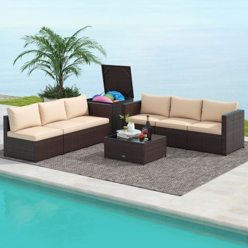 GYMAX  8 PCs Wicker Patio Furniture Set Rattan Sectional Sofa Set W/ Cushions