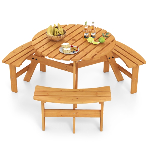 Gymax 6-Person Round Picnic Table Set w/ 3 Built-in Benches 2'' Umbrella Hole