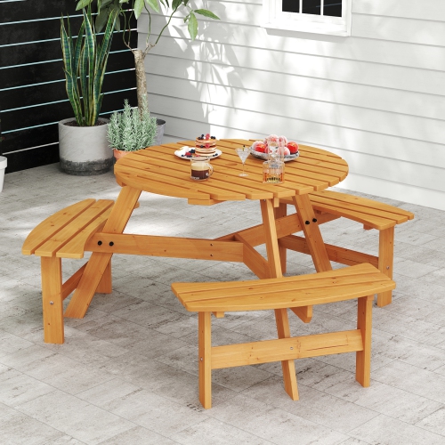 Gymax 6-Person Round Picnic Table Set w/ 3 Built-in Benches 2'' Umbrella Hole