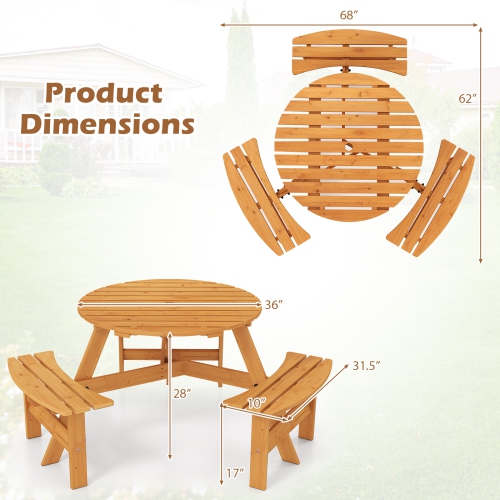 Gymax 6-Person Round Picnic Table Set w/ 3 Built-in Benches 2'' Umbrella Hole