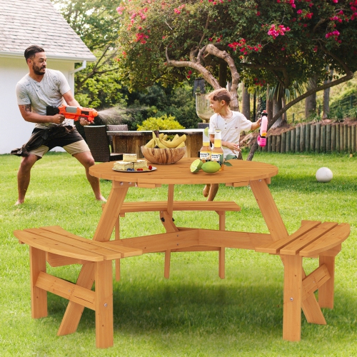Gymax 6-Person Round Picnic Table Set w/ 3 Built-in Benches 2'' Umbrella Hole