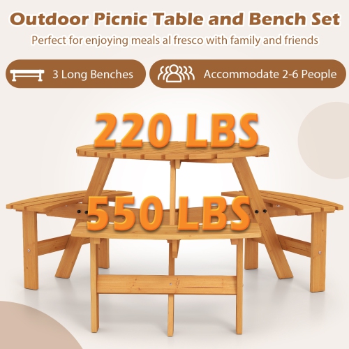 Gymax 6-Person Round Picnic Table Set w/ 3 Built-in Benches 2'' Umbrella Hole