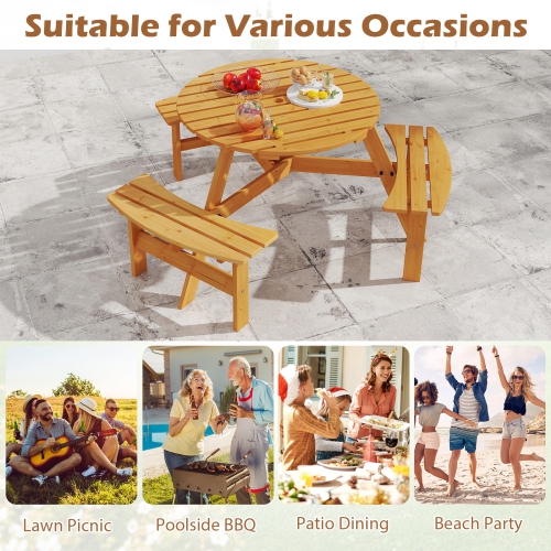 Gymax 6-Person Round Picnic Table Set w/ 3 Built-in Benches 2'' Umbrella Hole