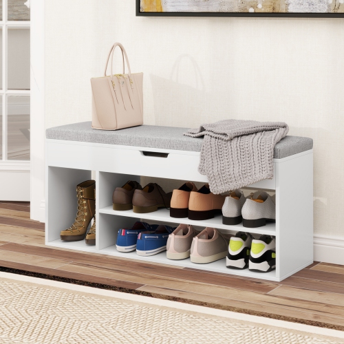 Gymax Shoe Bench Home Entryway Shoes Storage Bench w/ Padded Seat & Hidden Storage White