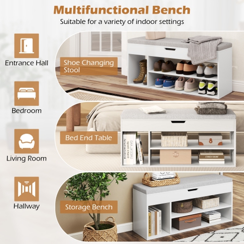 Gymax Shoe Bench Home Entryway Shoes Storage Bench w/ Padded Seat & Hidden Storage White