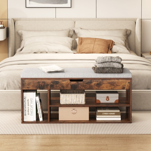 Gymax Shoe Bench Home Entryway Shoes Storage Bench w/ Padded Seat & Hidden Storage Brown