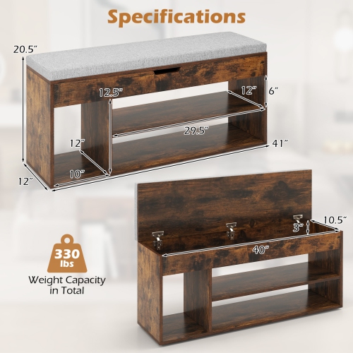 Gymax Shoe Bench Home Entryway Shoes Storage Bench w/ Padded Seat & Hidden Storage Brown