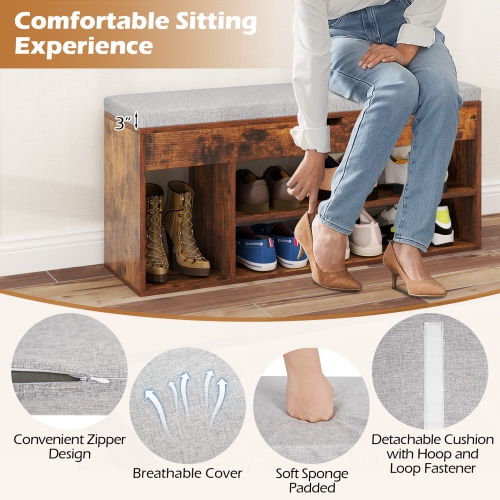 Gymax Shoe Bench Home Entryway Shoes Storage Bench w/ Padded Seat & Hidden Storage Brown