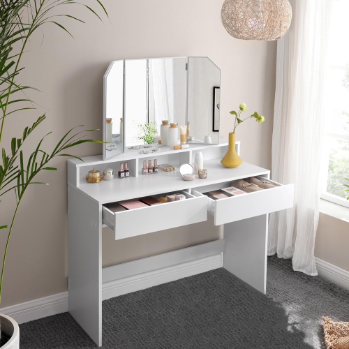 Coiffeuse VASAGLE avec miroir à trois volets – Coiffeuse moderne avec 2 tiroirs et 3 compartiments ouverts, blanc