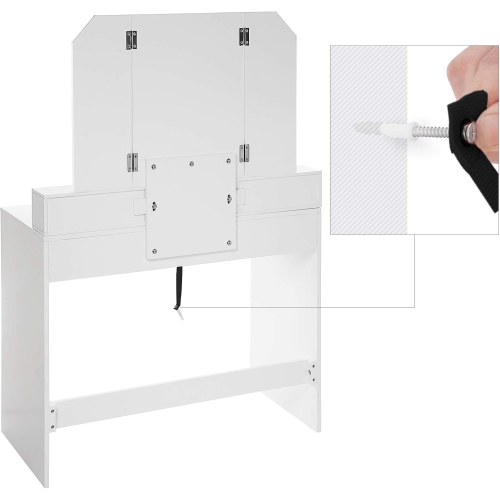 Coiffeuse VASAGLE avec miroir à trois volets – Coiffeuse moderne avec 2 tiroirs et 3 compartiments ouverts, blanc