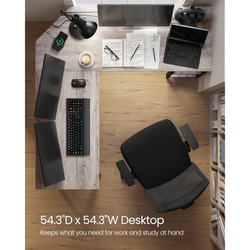 Bureau d'angle en L VASAGLE – Bureau pour les jeux et les postes de travail avec 2 tablettes de rangement pour le bureau à domicile, le grège et