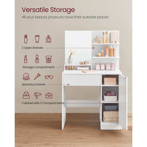 VASAGLE Mobile Filing Cabinet with Wheels, 2 Drawers, Open Shelf, for A4, Letter Size, Hanging File Folders, Cloud White