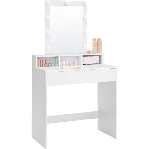 SONGMICS HOME  Vasagle Modern 31.5-Inch Wide Makeup Vanity Table With Adjustable Brightness, 2 Drawers In White