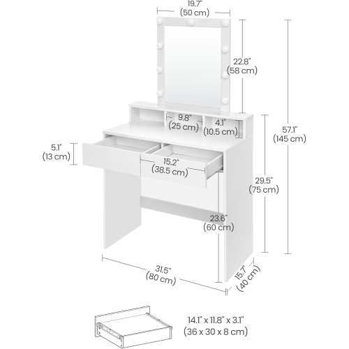 VASAGLE Modern 31.5-Inch Wide Makeup Vanity Table with Adjustable Brightness, 2 Drawers, White
