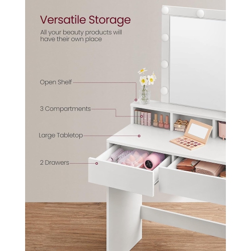 VASAGLE Modern 31.5-Inch Wide Makeup Vanity Table with Adjustable Brightness, 2 Drawers, White