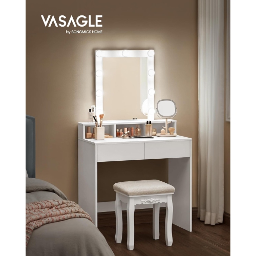 VASAGLE Modern 31.5-Inch Wide Makeup Vanity Table with Adjustable Brightness, 2 Drawers, White