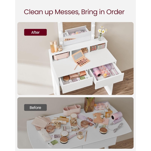 VASAGLE Modern 31.5-Inch Wide Makeup Vanity Table with Adjustable Brightness, 2 Drawers, White