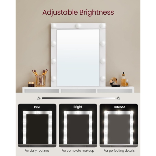VASAGLE Modern 31.5-Inch Wide Makeup Vanity Table with Adjustable Brightness, 2 Drawers, White
