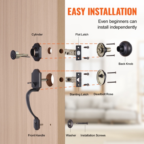VEVOR Front Door Handle and Deadbolt Set, Front Door Lock Set with Interior Knob, Adjustable Hole Spacing Single Cylinder Handleset, Brushed Oil