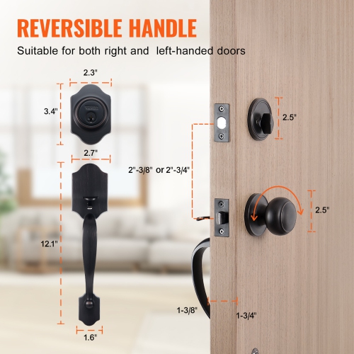 VEVOR Front Door Handle and Deadbolt Set, Front Door Lock Set with Interior Knob, Adjustable Hole Spacing Single Cylinder Handleset, Brushed Oil