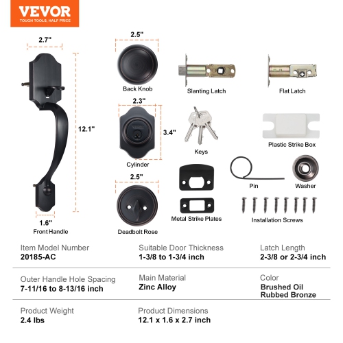 VEVOR Front Door Handle and Deadbolt Set, Front Door Lock Set with Interior Knob, Adjustable Hole Spacing Single Cylinder Handleset, Brushed Oil
