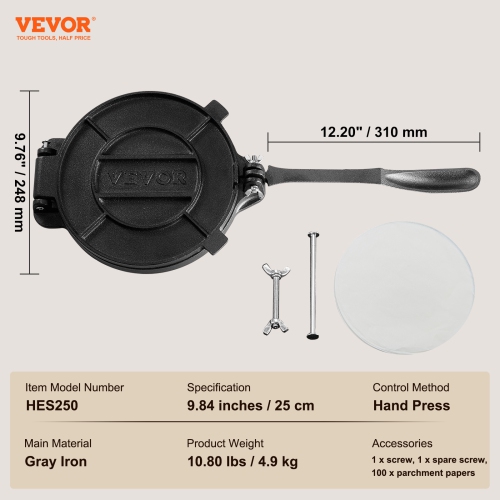 VEVOR 10 Inch Tortilla Press,Tortilla and Roti Maker,Cast Iron Heavy Duty Tortilladora Press, Pre-Seasoned Pataconera Maker with 100 Pcs Parchment