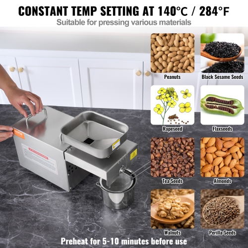 VEVOR 700W Electric Oil Press Machine, Stainless Steel Oil Extractor Machine, 140℃ / 284℉ Constant Temperature, Hot Press Oil Expeller for Pressing