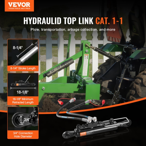 VEVOR Hydraulic Top Link Cat.1-1, Hydraulic Cylinder with 2 Hoses & G3/8" Check Valve