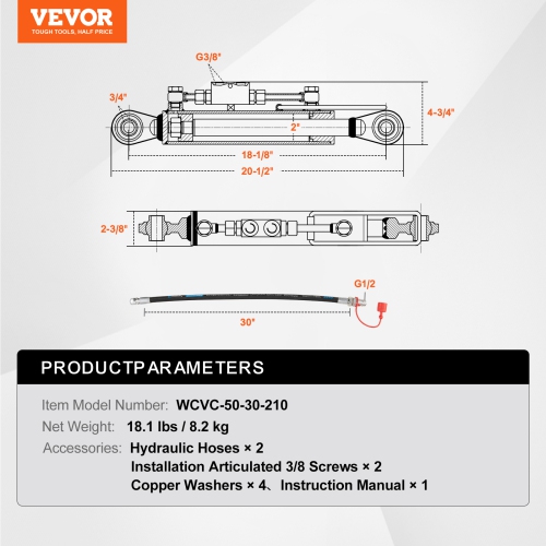 VEVOR Hydraulic Top Link Cat.1-1, Hydraulic Cylinder with 2 Hoses & G3/8" Check Valve