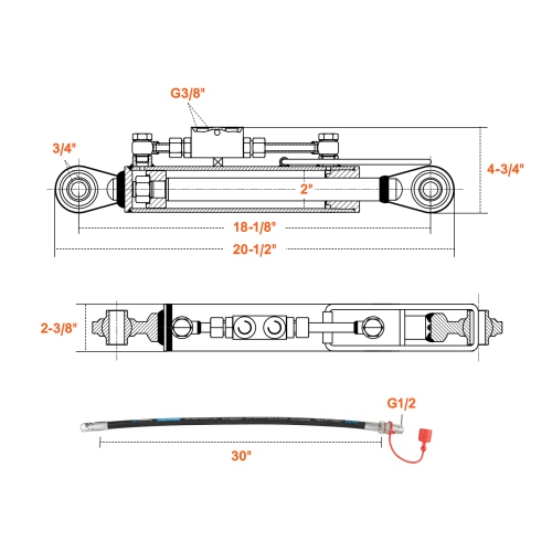 VEVOR Hydraulic Top Link Cat.1-1, Hydraulic Cylinder with 2 Hoses & G3/8" Check Valve