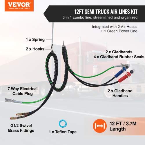 VEVOR 12FT Semi Truck Air Lines Kit with 2PCS Glad Hands, 3-in-1 Air Hoses & 7 Way ABS Electric Power Line, with 2PCS Gladhand Handles, 4PCS Seals