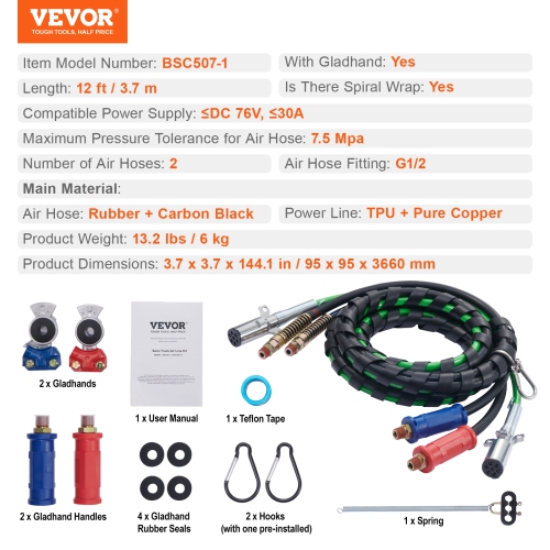 VEVOR 12FT Semi Truck Air Lines Kit with 2PCS Glad Hands, 3-in-1 Air Hoses & 7 Way ABS Electric Power Line, with 2PCS Gladhand Handles, 4PCS Seals